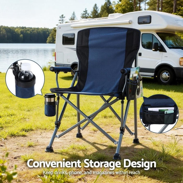 Camping chair with storage pockets in front of a camper van by a lake.