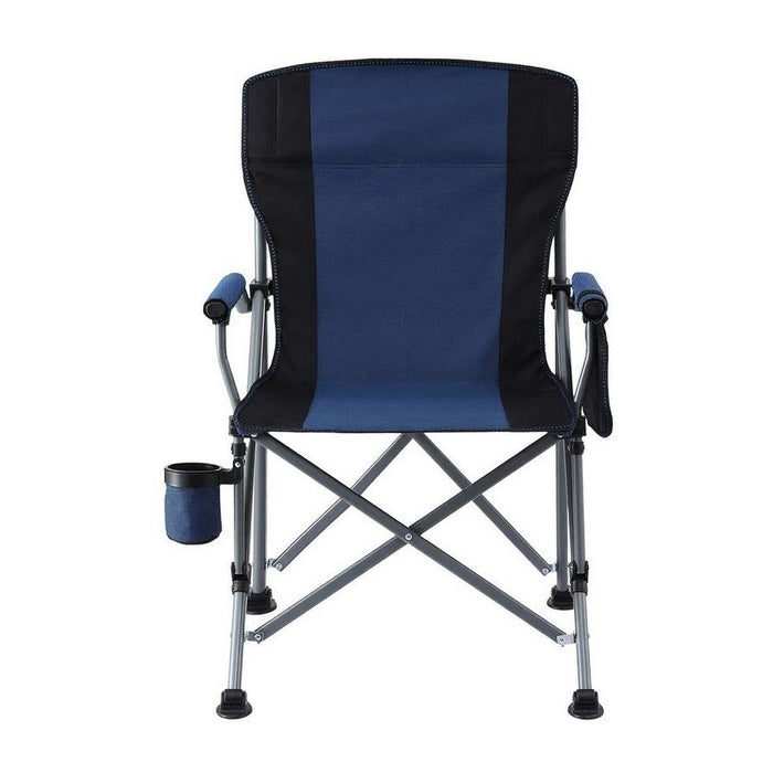 Blue and black camping chair with cup holder on a white background