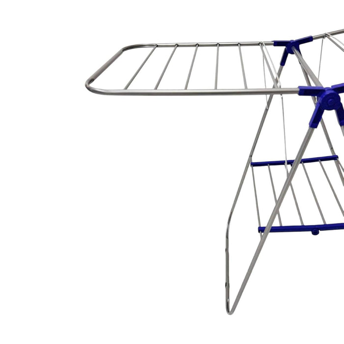 Metal clothes rack with blue accents on a white background