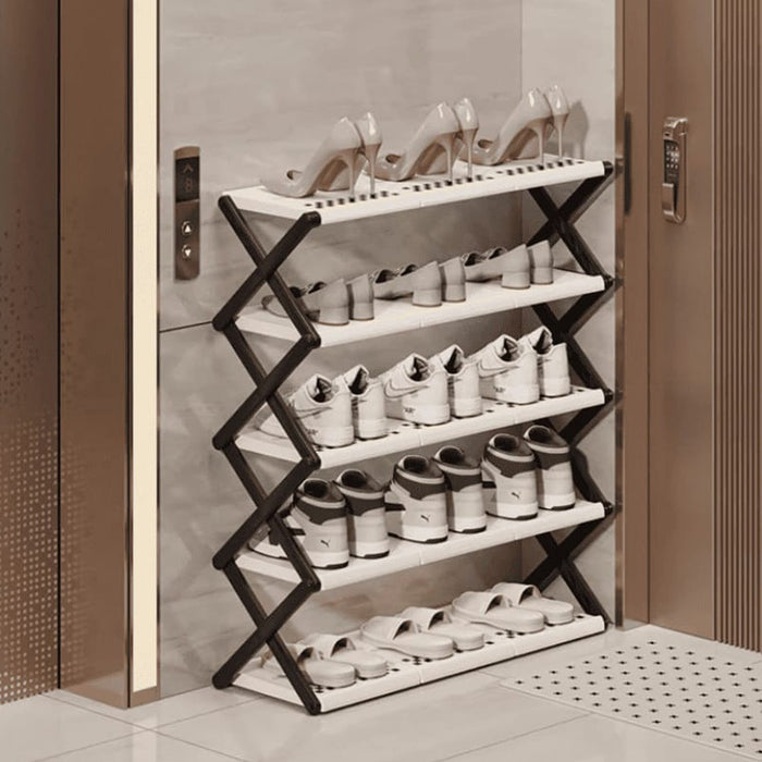 Foldable Multi-Layer Shoe Rack Shelf placed on the floor with some shoes and chappals