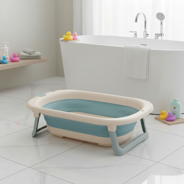 A Newborn bathtub is arranged in a bathroom near adult bath tub.