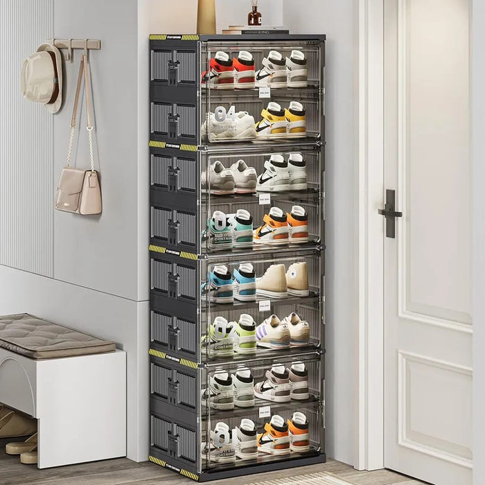 8 Layer Foldable Shoe Rack Storage Cabinet With Shoes are Arranged On it.