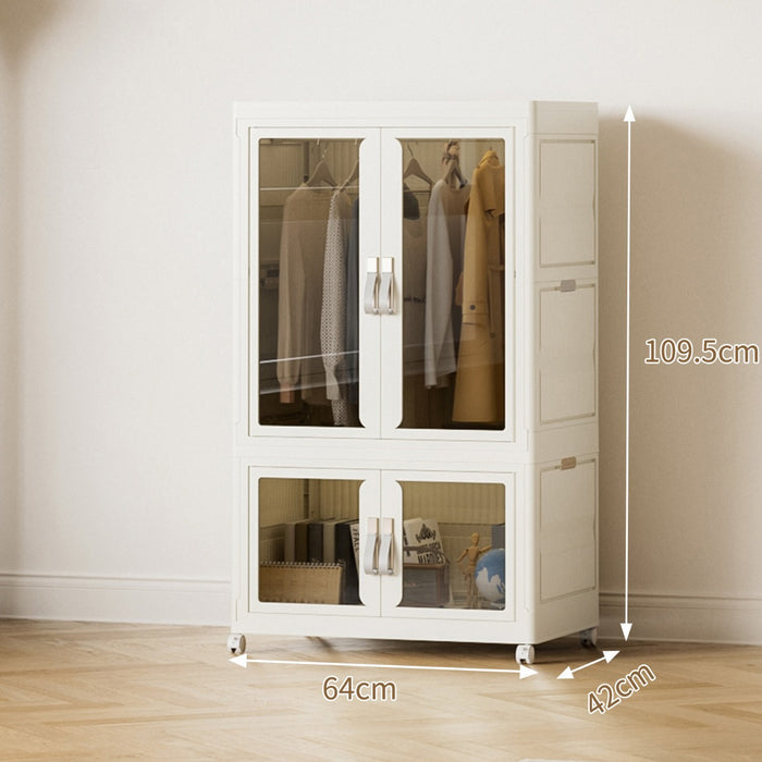 Size Details of Foldable Storage Cabinet organized with clothes and other essentials.