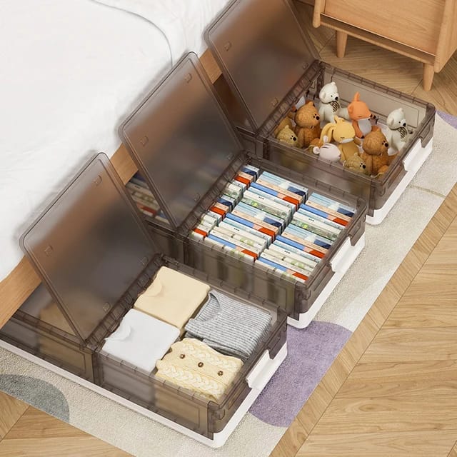 Foldable Under Bed Rolling Storage Organizer Container Organized With Various Items.