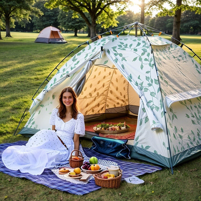 Woman sitting on a Foldable Waterproof Picnic Mat in front of a tent with a picnic setup in a park