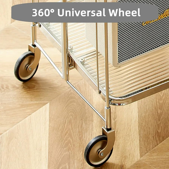 folding 2-tier serving trolley with a chrome finish, glass shelves, and rolling wheels