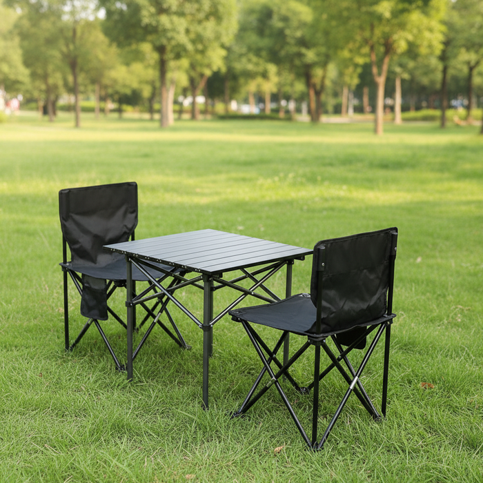 A Portable Camping Table and Chair Set is Arranged in Picnic Spot.