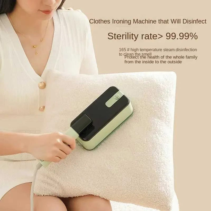 A Women is Ironing Pillow Using  Handheld Travel Garment Iron Steamer.