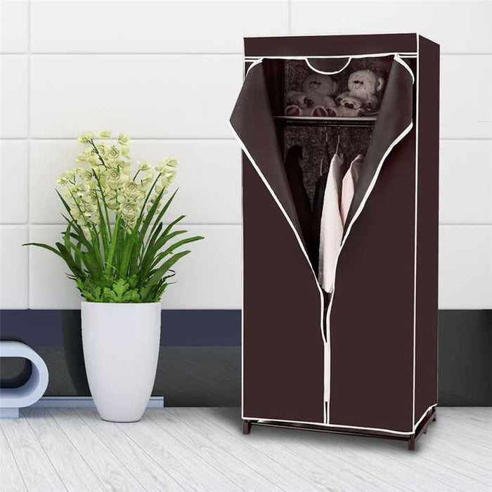 Portable Closet Shelf Storage with Dress Hanging Rack in brown color
