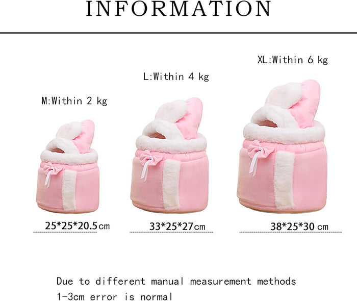 Pink pet bed with measurements for different sizes on a white background