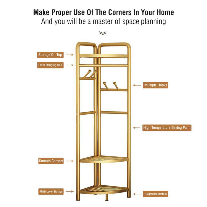 Picture tells the proper use of the corners in home so that you will be a master of space planning. Then tells us about the feature of hanging rack- Storage on top, cloth hanging area, multiple hooks, high temperature baking paint, smooth corners, multiple layer storage, hightened bottom.