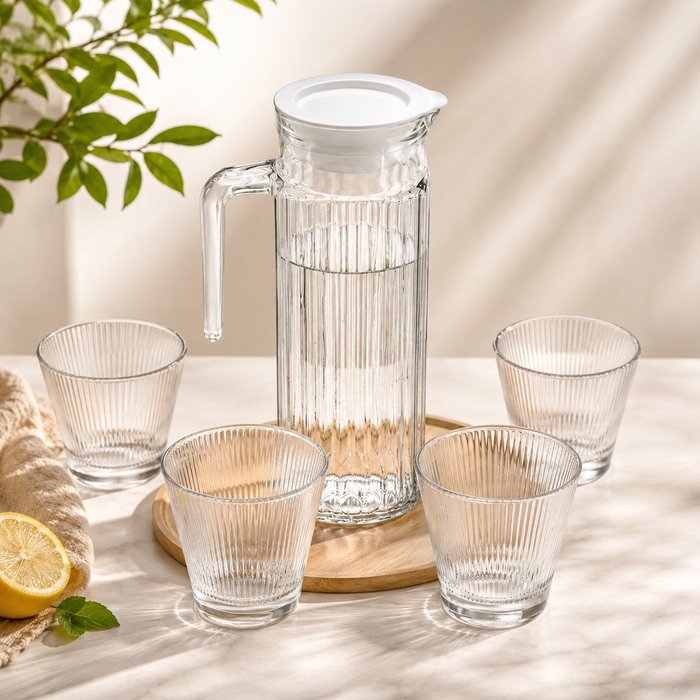 Clear glass pitcher and cups on a wooden surface with a lemon and plant in the background