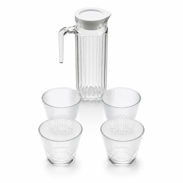 Clear glass pitcher and four glasses on a white background