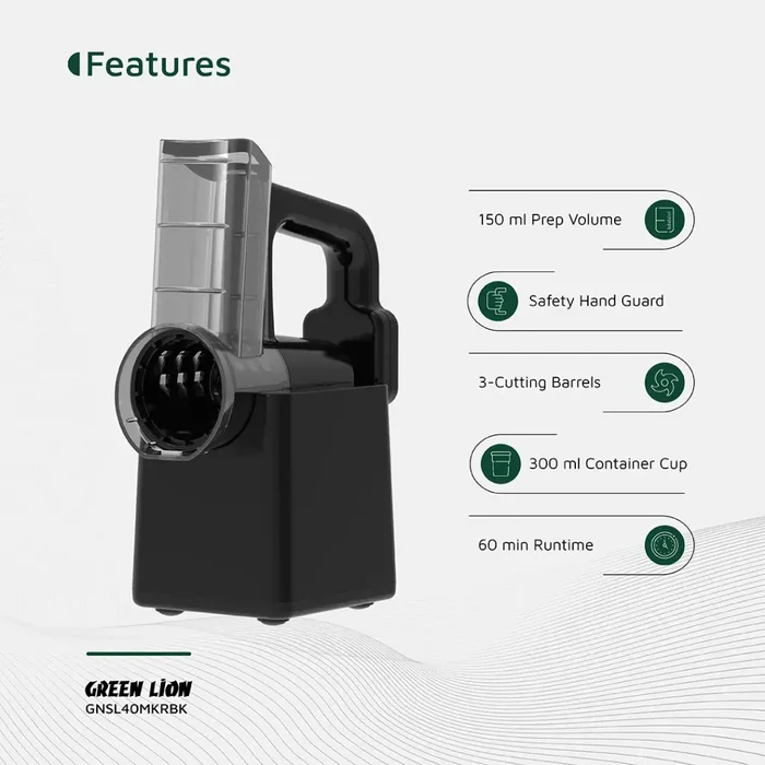 Black Green Lion 3-in-1 Cordless Salad Maker with features listed on a white background