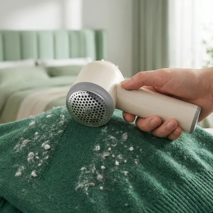 Person using a Lint Remover of Green Lion 3-in-1 Garment Steamer  on a green sweater with visible hair removal