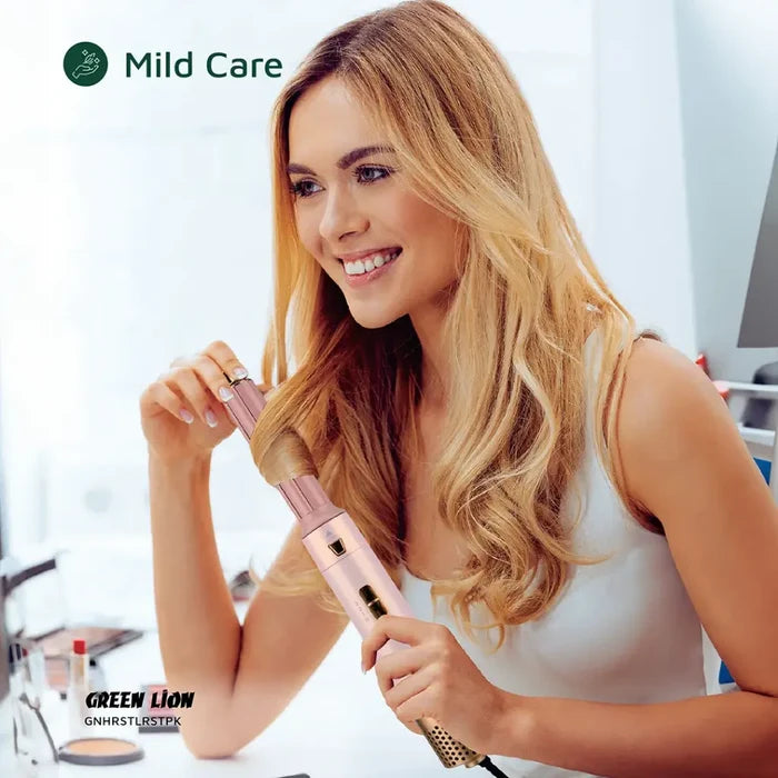 A Woman is Using Green Lion 5 - in -1 Professional Hair Styler for Styling Hair.