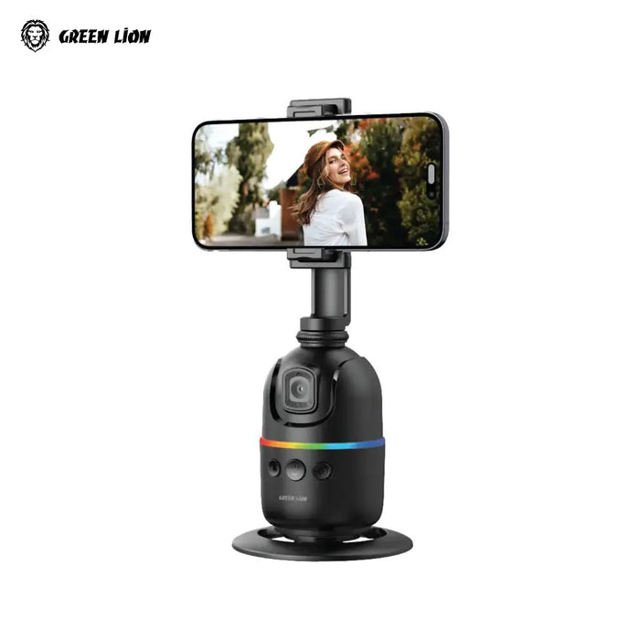 Green Lion AutoTrack gimbal with smartphone holder and RGB lighting displayed on a clean white background.
