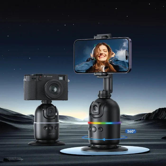 Green Lion AutoTrack Gimbal with AI 360° face tracking, gesture control, RGB status lighting, and universal smartphone compatibility. Two Black AutoTrack Gimbal placed on the deep blue-to-black gradient sky