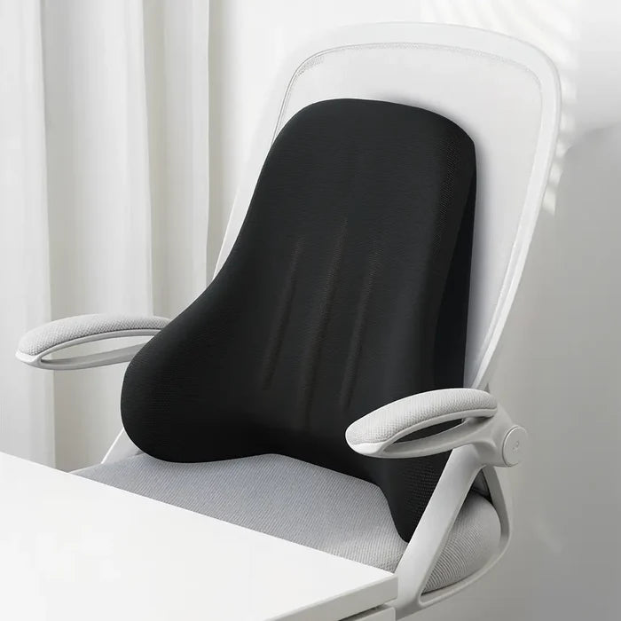 Green Lion Comfort Mate Seat Cushion on a white office chair with a white curtain background