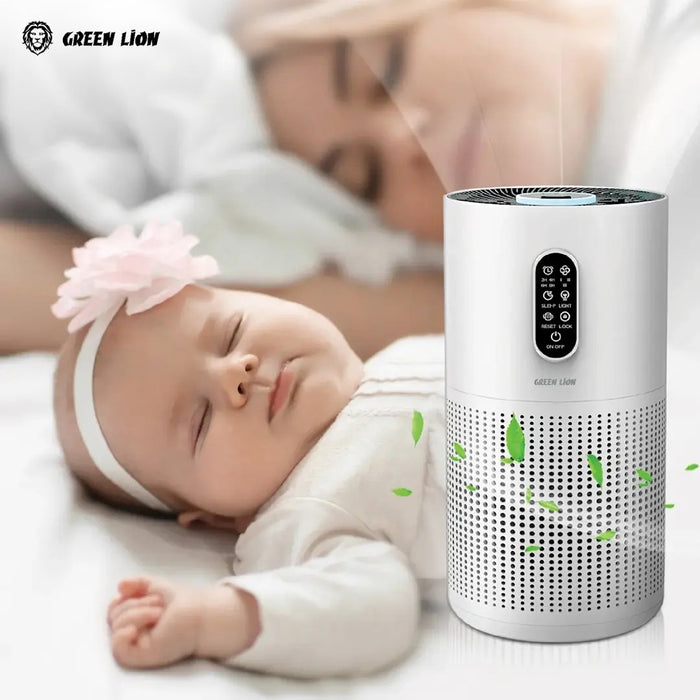 A Baby and Mother is Sleeping   with the AidOf Green Lion Compact Air Purifier.