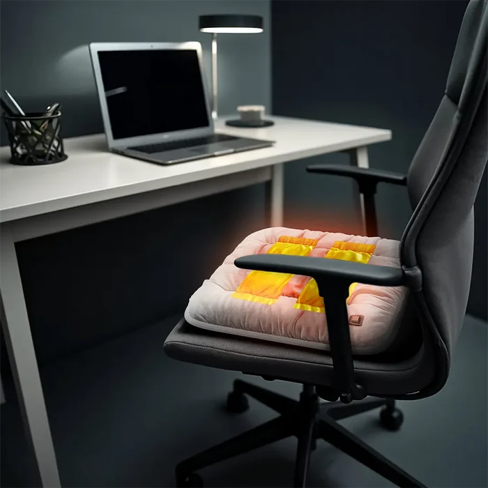 Green Lion Electric Heat Pad Heating Seat Cushion on a chair in an office setting