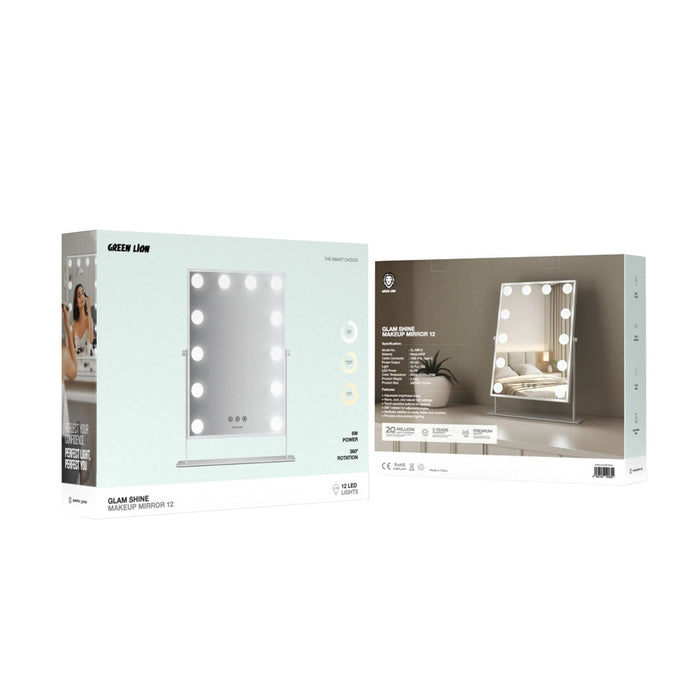 Packaging of a Green Lion Glam Shine Makeup Mirrorr with lights on a white background