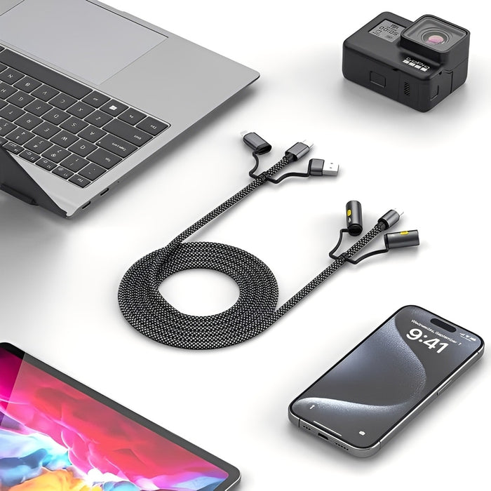 A Green Lion Multi-Function 6-in-1 Cable is placed on a white surface, surrounded by a laptop, smartphone, tablet, and an action camera, showing its compatibility with multiple devices.