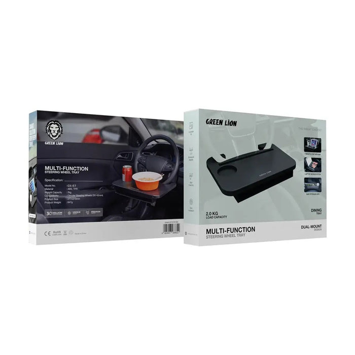 Box details of Green Lion Multi-Function Steering Wheel Tray on White Background
