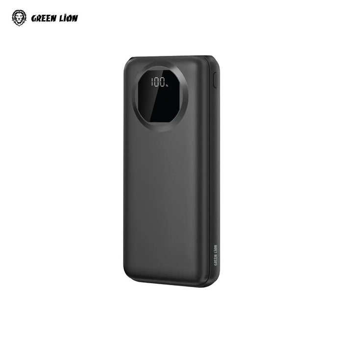 Black Green Lion Nairo 20000mAh Power Bank with digital display on a white background