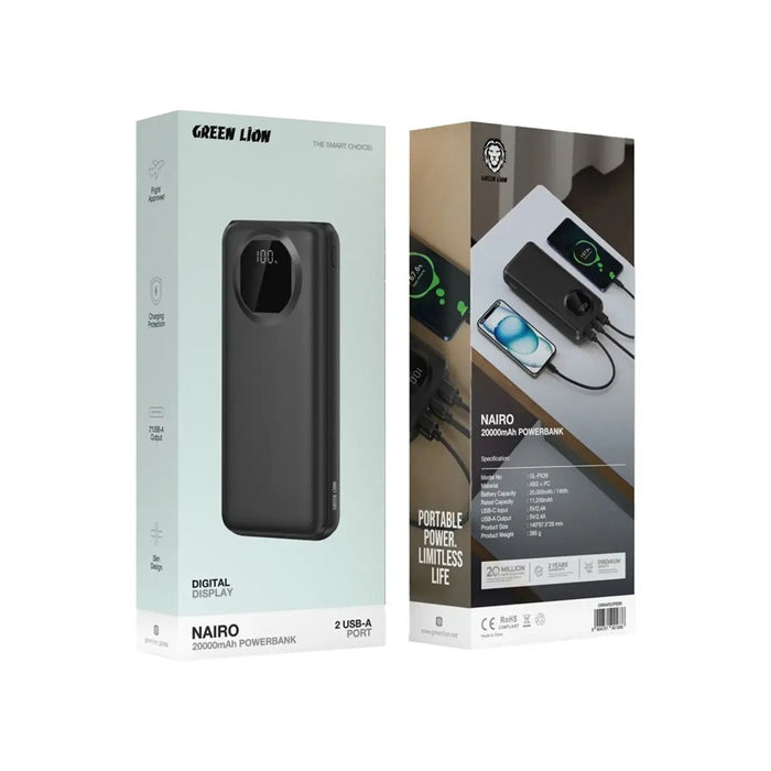 Two packaging boxes for a Green Lion Nairo power bank on a white background