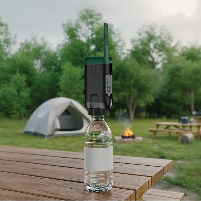 Green Lion Pocket Bidet Neo Portable Bidet Sprayer is Placed on a Wooden table at Camping Area.