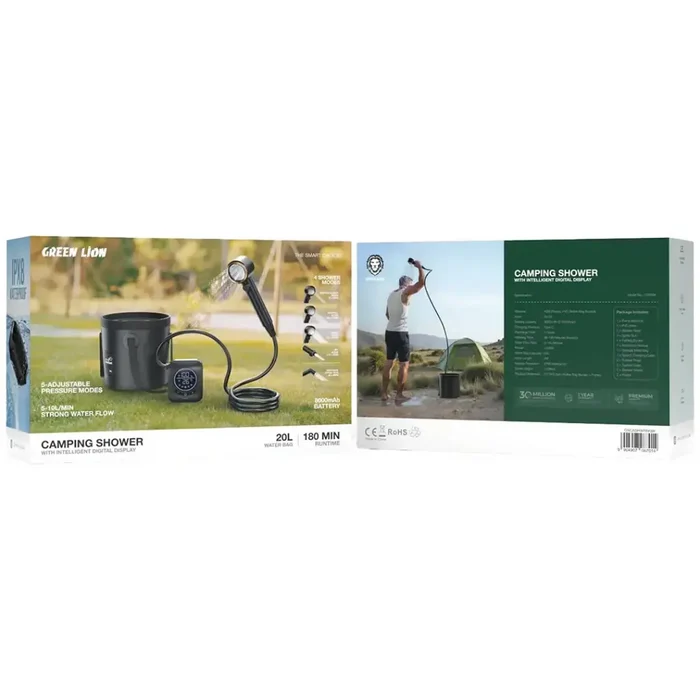 Green Lion Portable Camping Shower packaging with images of the product and user manual on a white background