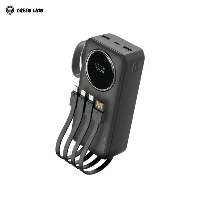 Black Power Pulse Power Bank with multiple ports and a digital display on a white background, featuring the Green Lion brand.