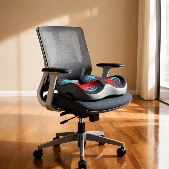 Ergonomic office chair with Green Lion RELIEVE PRO Seat Cushion on a wooden floor.