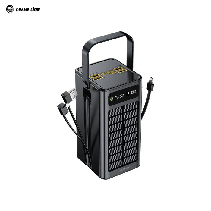 Black Green Lion Solar X 60000mAh Power Bank with solar panel and cables on a white background