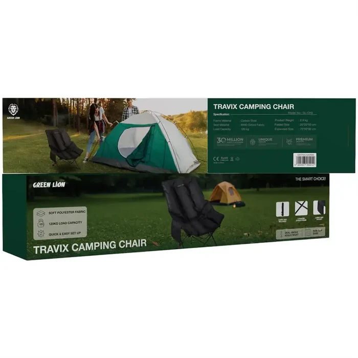 Travix camping chair packaging with a tent and people in the background