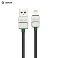 A Green Lion USB-C to Lightning Braided Cable with a black braided body, a white USB-A connector, and a white Lightning connector, shown on a plain white background with the brand logo in the top-left corner.