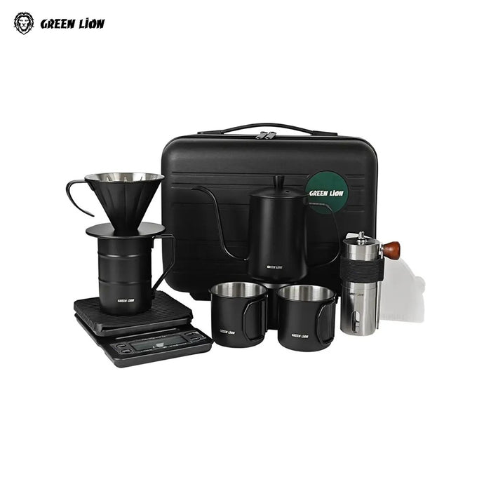 Green Lion V-60 Pro Coffee Maker Set with black case, coffee maker, cups, and scales on a white background.