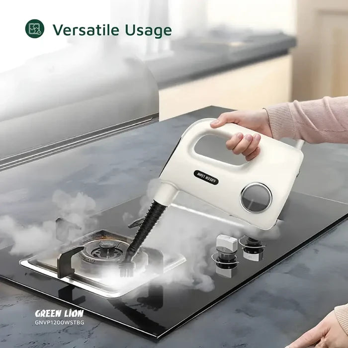 Green Lion Vapor Pro Steam Cleaner being used on a gas stove with 'Versatile Usage' text above.