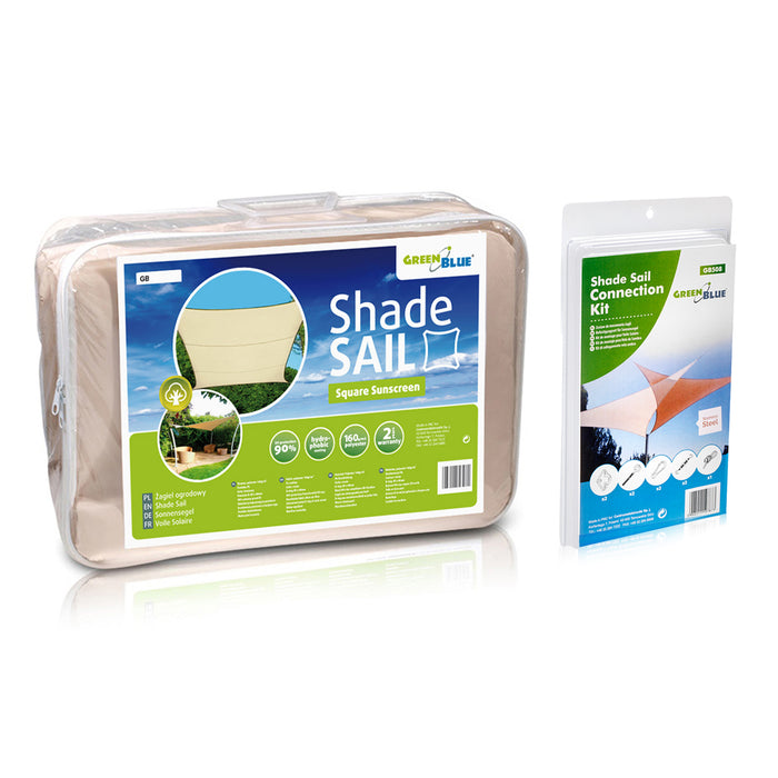 GreenBlue GB503 UV Polyester Garden Shade Sail, 3.6m Square, Cream Color, Hydrophobic Surface, with GB508