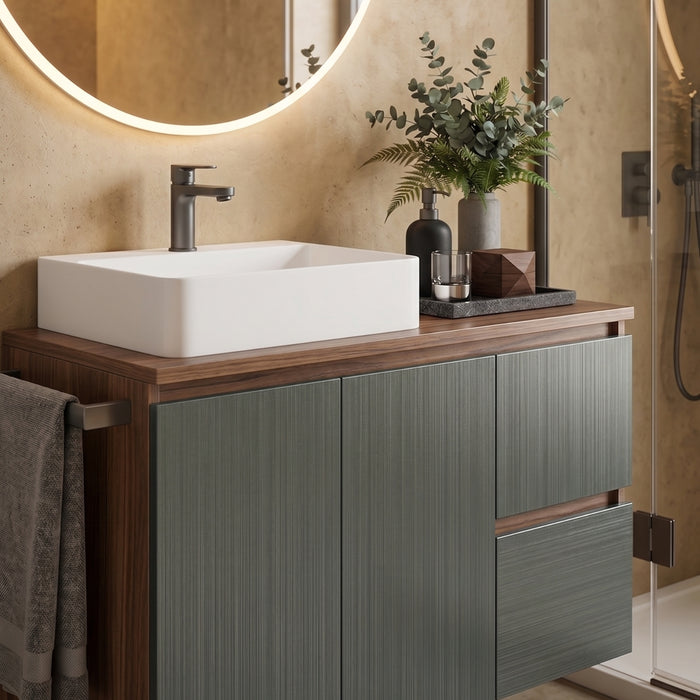 Gunmetal Sage Metallic vinyl wrapped Bathroom vanity with white sink, wooden countertop, and green cabinets.