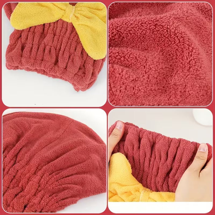 Collage of a  Hair Drying Cap with a yellow bow, showing texture and use.