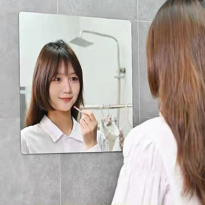 A girl looking into HD Self-Adhesive Acrylic Mirror Tiles, captivated by the clear reflection