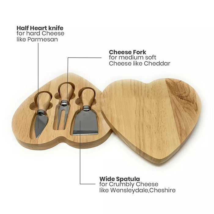Heart-shaped wooden cheese board with built-in knife storage.
