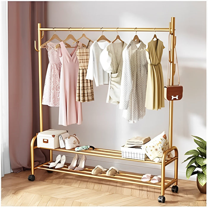 Heavy Duty Clothes Organizer Hanger Rack With Clothes and Shoes Are Arranged On it.