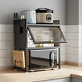 Oven and Multiple Kitchen Essentials are Organized in a Heavy-Duty Microwave Oven Shelf Rack.