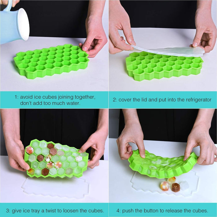 A Person is demonstrating the usage instructions of Green silicone ice cube tray on a white background