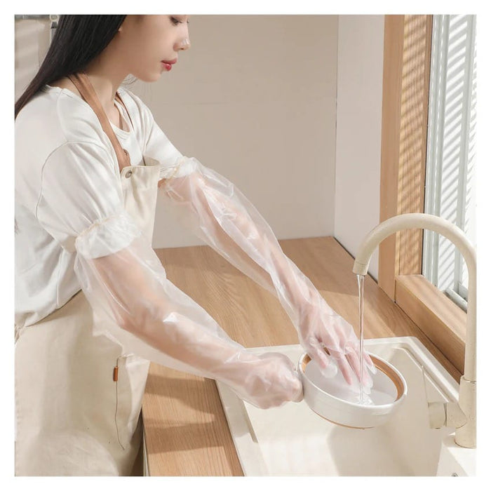 A Women is Cleaning Dishes By Wearing Disposable Anti- Slip Wear Long Sleeve Glove.