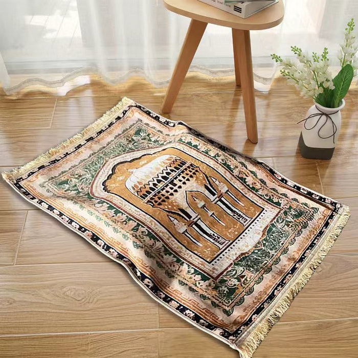 An Islamic Prayer Mat is  Spread Out in a Floor.