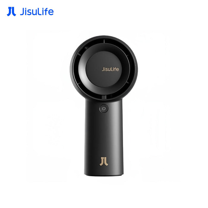 A JisuLife Handheld Fan Life5 Plus in matte black with gold logo accents, shown against a plain white background with a blue JisuLife brand logo in the top-left corner.